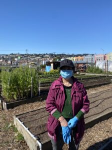 Woman in face mask standing in front of garden plots