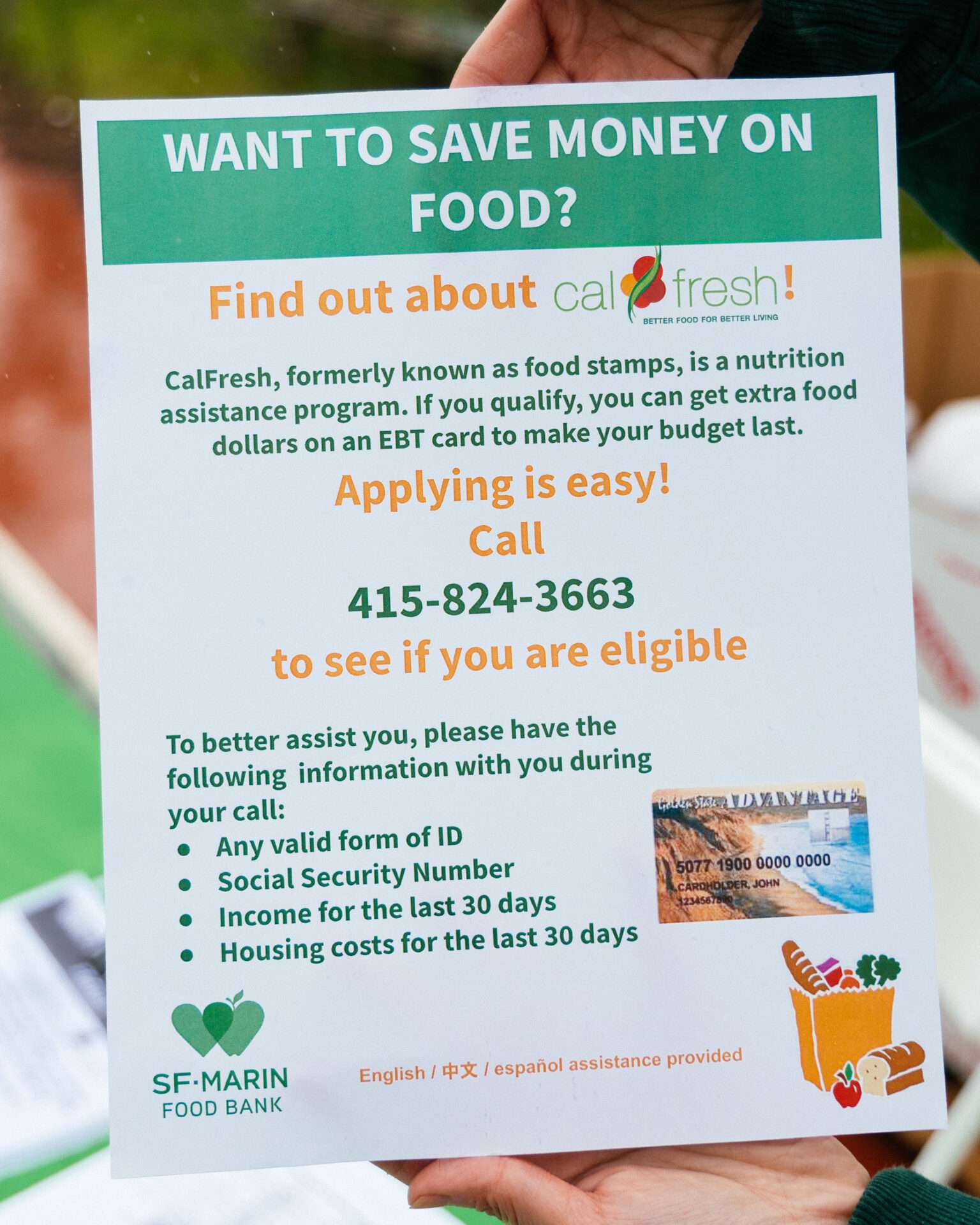 A flyer for participants interested in enrolling in CalFresh, with the headline "Want to save money on food?"