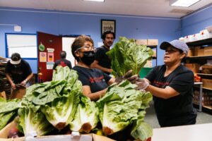 two women looking at a box of romaine lettuce